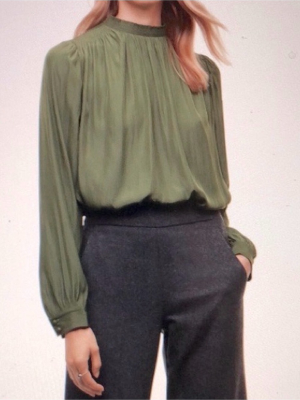 Wilfred Olive Green High-Neck Pleated Blouse